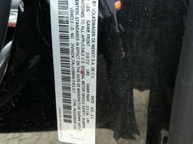 3VW2K7AJ2BM079137 - 2011 VOLKSWAGEN JETTA BASE BLACK photo 10