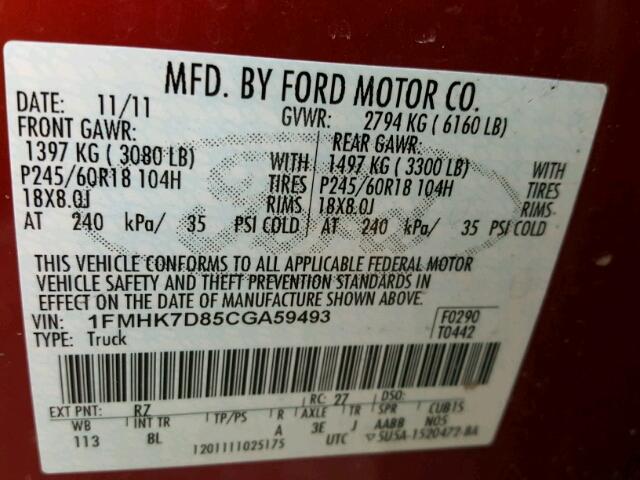 1FMHK7D85CGA59493 - 2012 FORD EXPLORER X MAROON photo 10