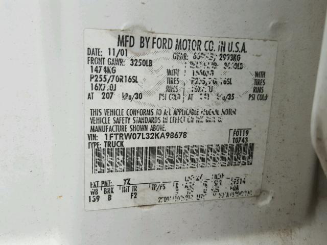 1FTRW07L32KA98678 - 2002 FORD F150 SUPER WHITE photo 10