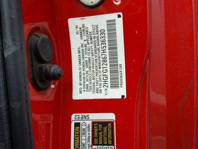 2HGFG12867H536330 - 2007 HONDA CIVIC EX RED photo 10