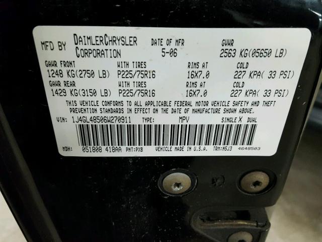 1J4GL48506W270911 - 2006 JEEP LIBERTY SP BLACK photo 10