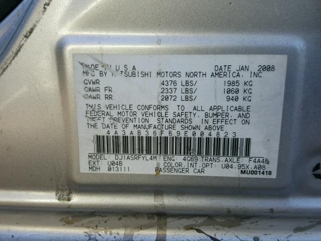 4A3AB36F69E004823 - 2009 MITSUBISHI GALANT ES SILVER photo 10