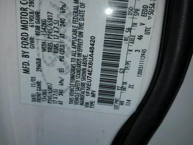 1FMEU74EX6UA48420 - 2006 FORD EXPLORER E WHITE photo 10