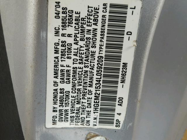 1HGEM21534L059209 - 2004 HONDA CIVIC LX SILVER photo 10