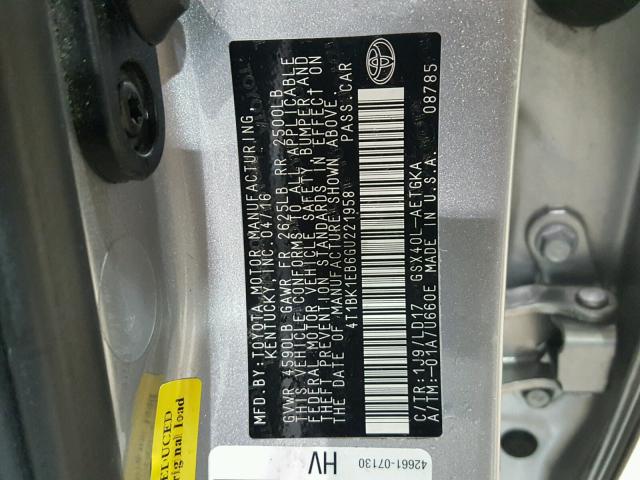 4T1BK1EB6GU221958 - 2016 TOYOTA AVALON XLE SILVER photo 10