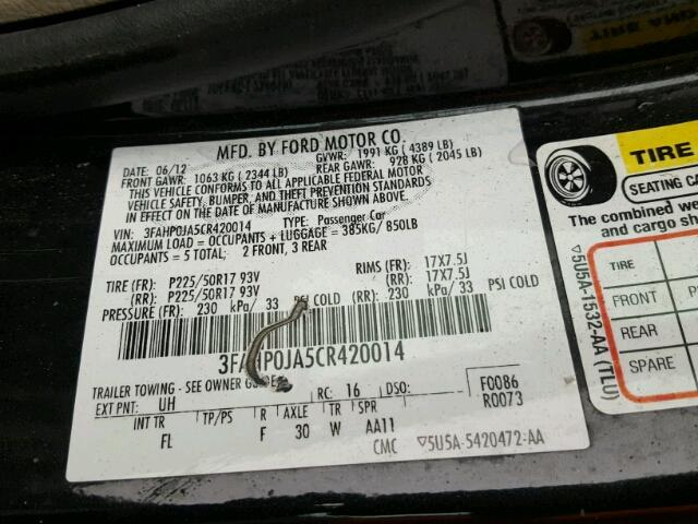 3FAHP0JA5CR420014 - 2012 FORD FUSION SEL GRAY photo 10