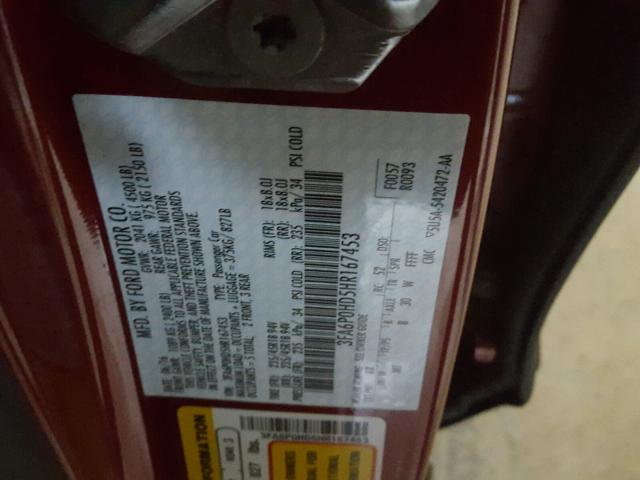 3FA6P0HD5HR167453 - 2017 FORD FUSION SE RED photo 10