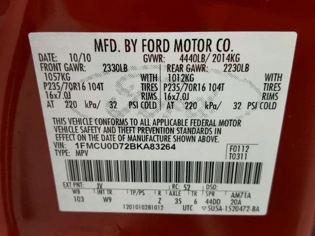 1FMCU0D72BKA83264 - 2011 FORD ESCAPE XLT RED photo 10