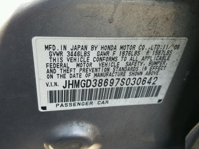 JHMGD38697S030642 - 2007 HONDA FIT S SILVER photo 10