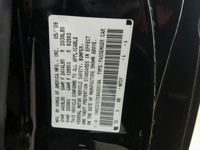 1HGCS12729A020184 - 2009 HONDA ACCORD EX BLACK photo 10