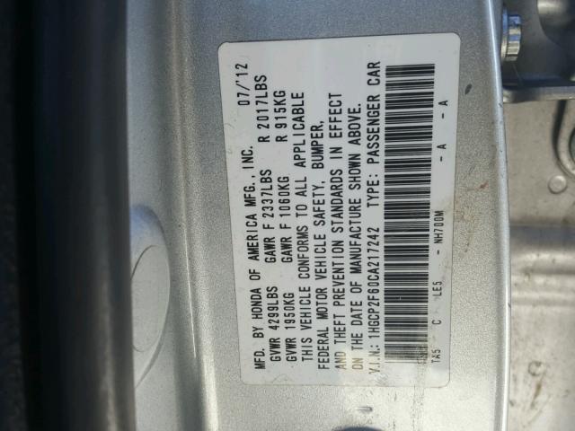 1HGCP2F60CA217242 - 2012 HONDA ACCORD SE SILVER photo 10