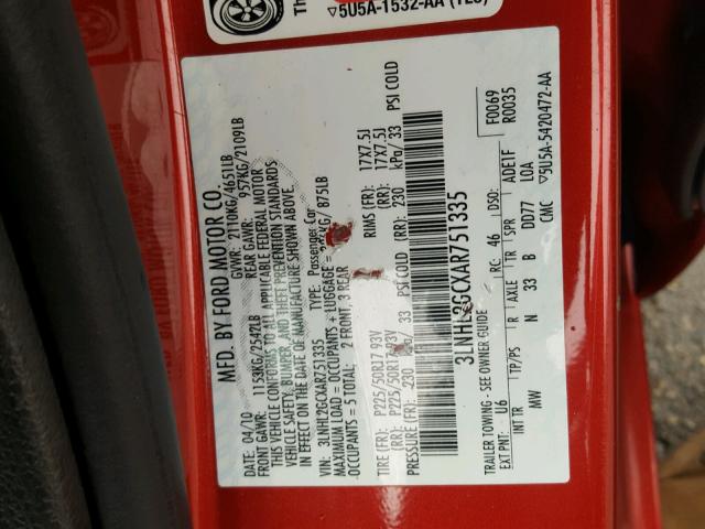 3LNHL2GCXAR751335 - 2010 LINCOLN MKZ RED photo 10