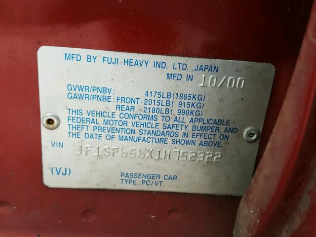 JF1SF656X1H752322 - 2001 SUBARU FORESTER S 红色 照片 10