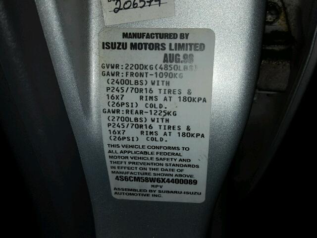 4S6CM58W6X4400089 - 1999 HONDA PASSPORT E 银色 照片 10