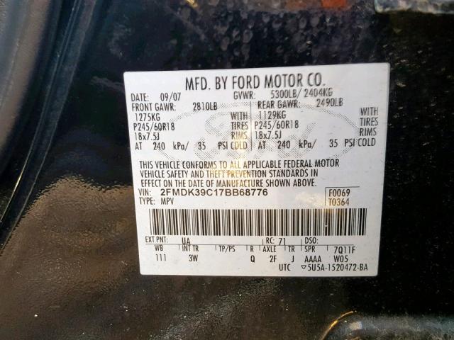 2FMDK39C17BB68776 - 2007 FORD EDGE SEL P BLACK photo 10