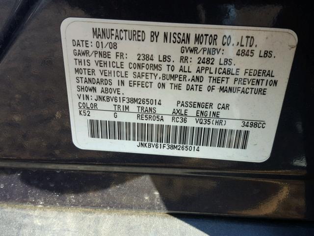 JNKBV61F38M265014 - 2008 INFINITI G35 BLUE photo 10