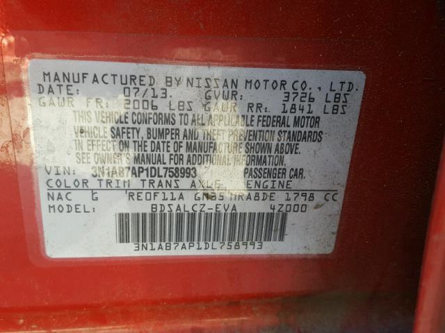 3N1AB7AP1DL758993 - 2013 NISSAN SENTRA S RED photo 10