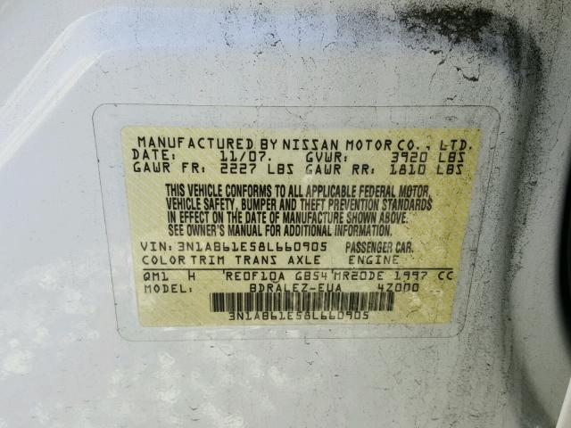 3N1AB61E58L660905 - 2008 NISSAN SENTRA 2.0 WHITE photo 10