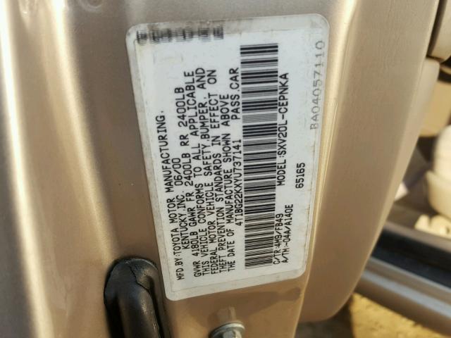 4T1BG22KXYU737141 - 2000 TOYOTA CAMRY CE GOLD photo 10