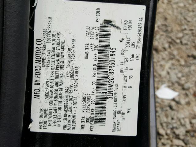 3LNHM28T89R601845 - 2009 LINCOLN MKZ BLACK photo 10