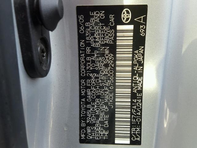 JTKDE167560072939 - 2006 TOYOTA SCION TC SILVER photo 10