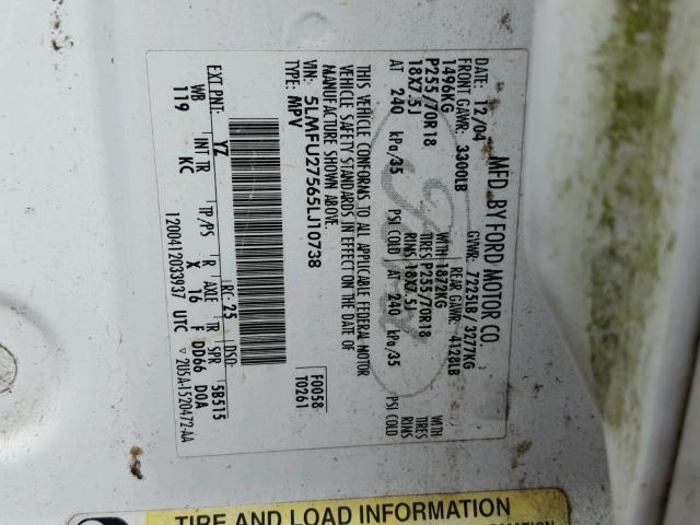 5LMFU27565LJ10738 - 2005 LINCOLN NAVIGATOR Biały zdjęcie 10