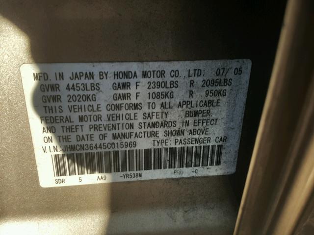 JHMCN36445C015969 - 2005 HONDA ACCORD HYB GOLD photo 10