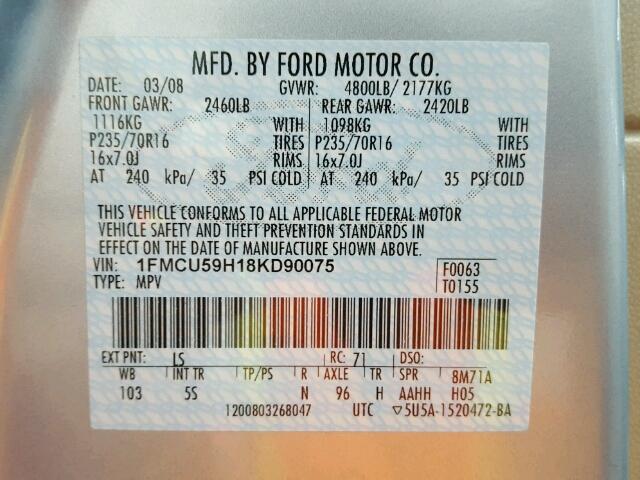 1FMCU59H18KD90075 - 2008 FORD ESCAPE HEV BLUE photo 10