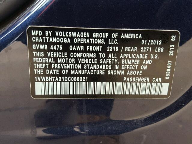 1VWBH7A31DC088321 - 2013 VOLKSWAGEN PASSAT SE BLUE photo 10