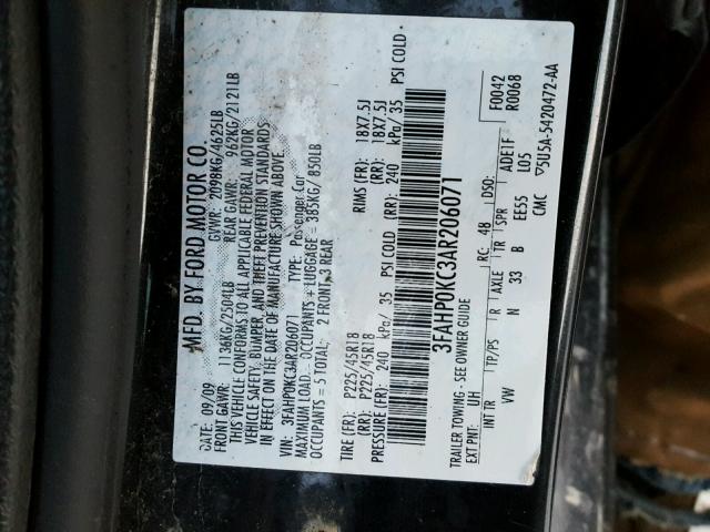 3FAHP0KC3AR206071 - 2010 FORD FUSION SPO BLACK photo 10