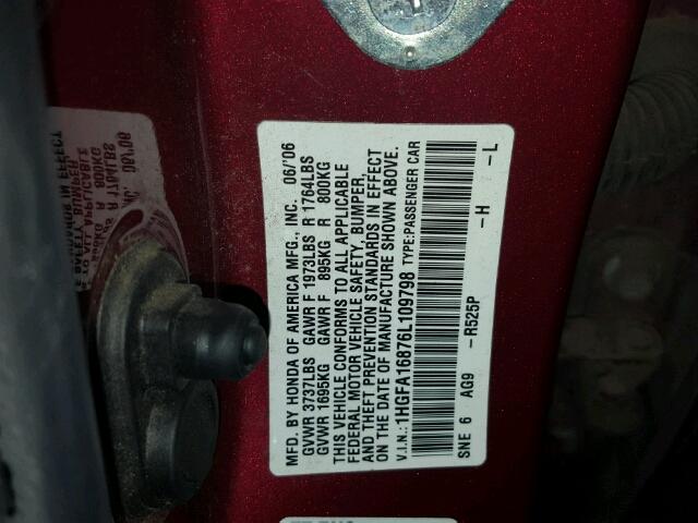 1HGFA16876L109798 - 2006 HONDA CIVIC EX RED photo 10