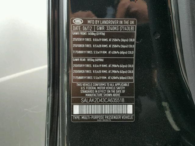 SALAK2D43CA635518 - 2012 LAND ROVER LR4 HSE LU BLACK photo 10