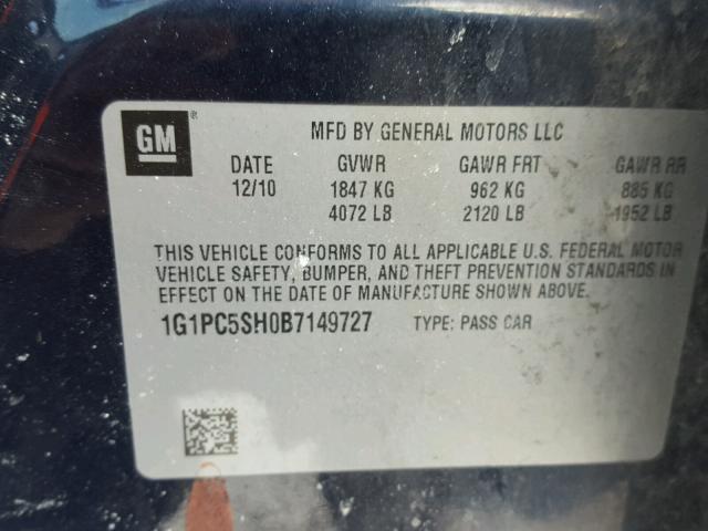 1G1PC5SH0B7149727 - 2011 CHEVROLET CRUZE LS BLUE photo 10