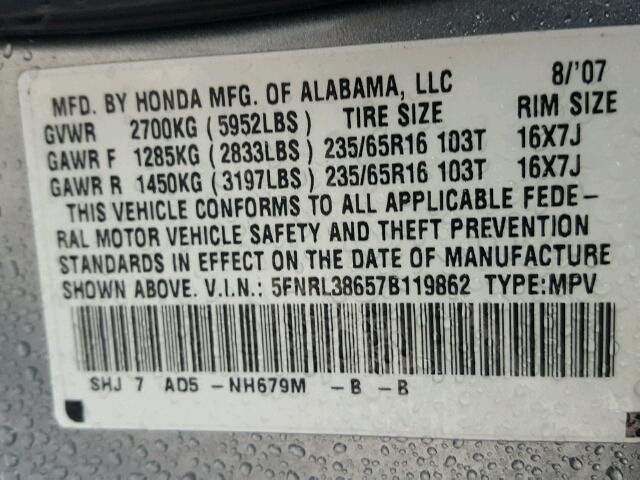 5FNRL38657B119862 - 2007 HONDA ODYSSEY EX GRAY photo 10