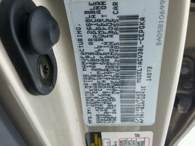 4T1BE30K64U292485 - 2004 TOYOTA CAMRY LE 金色 照片 10