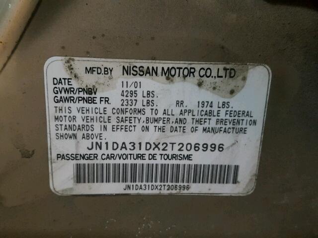 JN1DA31DX2T206996 - 2002 NISSAN MAXIMA GLE TAN photo 10