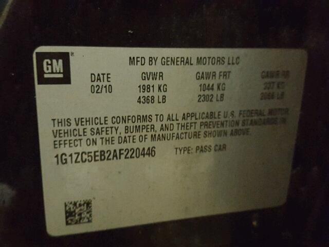 1G1ZC5EB2AF220446 - 2010 CHEVROLET MALIBU 1LT 黑色 照片 10