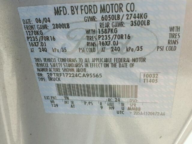 2FTRF17224CA95565 - 2004 FORD F-150 HERI SILVER photo 10