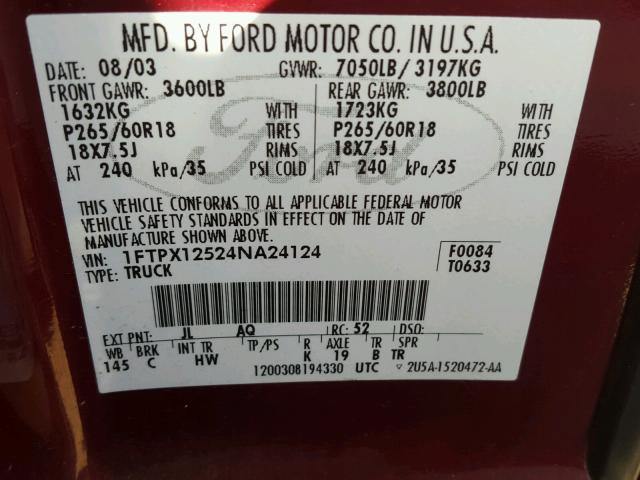 1FTPX12524NA24124 - 2004 FORD F150 MAROON photo 10