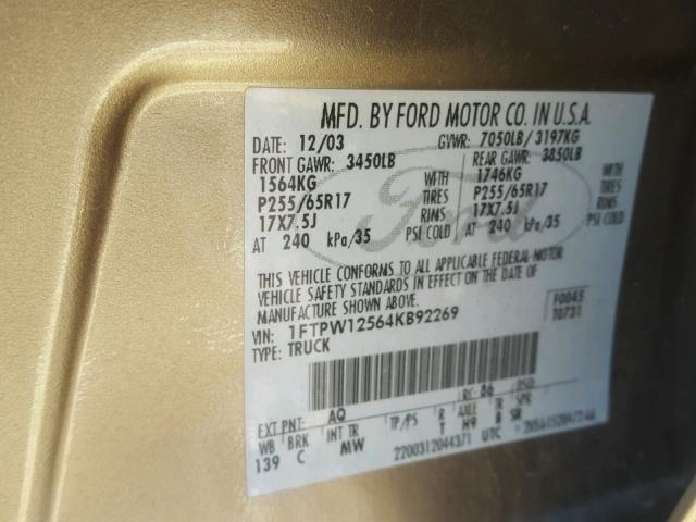 1FTPW12564KB92269 - 2004 FORD F150 SUPER TAN photo 10