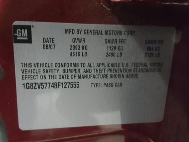 1G8ZV57748F127555 - 2008 SATURN AURA XR MAROON photo 10