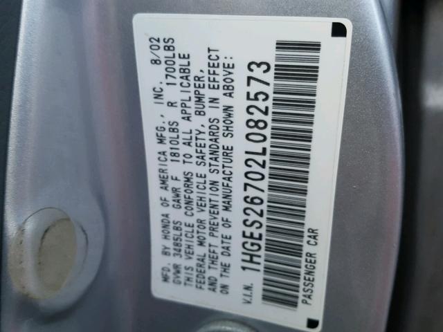 1HGES26702L082573 - 2002 HONDA CIVIC EX 银色 照片 10