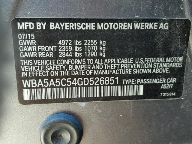 WBA5A5C54GD526851 - 2016 BMW 528 I GRAY photo 10