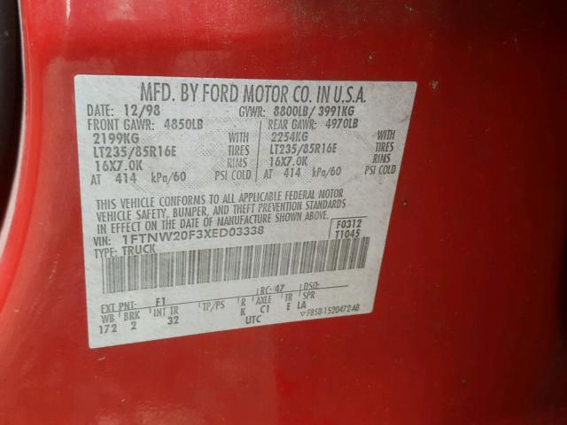 1FTNW20F3XED03338 - 1999 FORD F250 SUPER RED photo 10