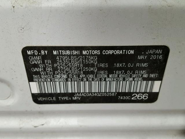 JA4AD3A34GZ052587 - 2016 MITSUBISHI OUTLANDER WHITE photo 10