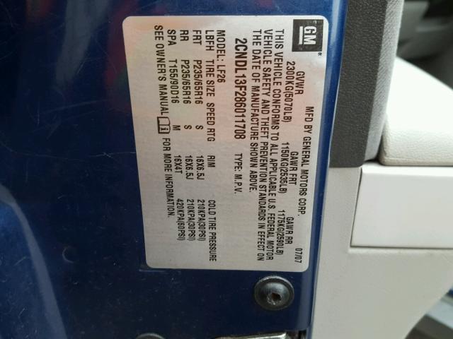 2CNDL13F286011708 - 2008 CHEVROLET EQUINOX LS BLUE photo 10