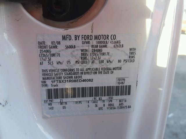 1FTSX31R08ED46082 - 2008 FORD F350 SRW S WHITE photo 10