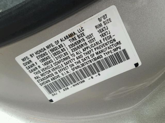 5FNRL387X7B130493 - 2007 HONDA ODYSSEY EX SILVER photo 10