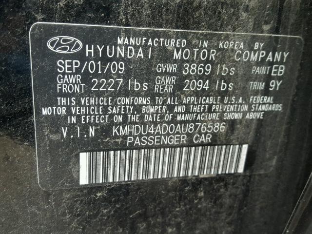 KMHDU4AD0AU876586 - 2010 HYUNDAI ELANTRA BL BLACK photo 10