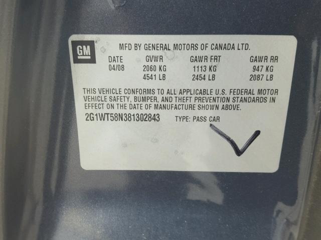 2G1WT58N381302843 - 2008 CHEVROLET IMPALA LT CHARCOAL photo 10